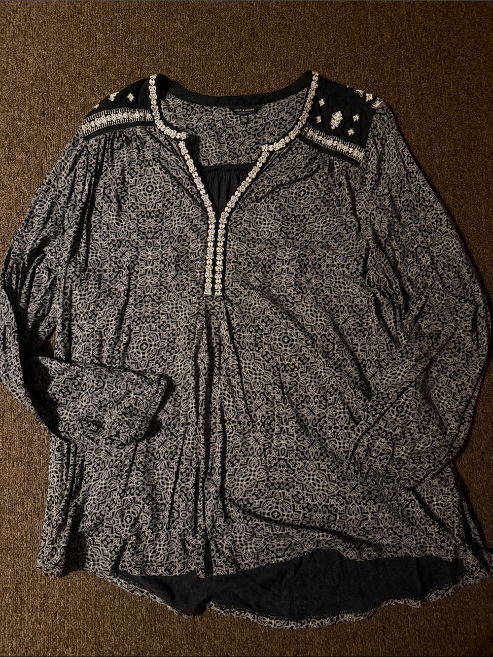 Lucky Brand Black and White Embroidered Peasant Tunic